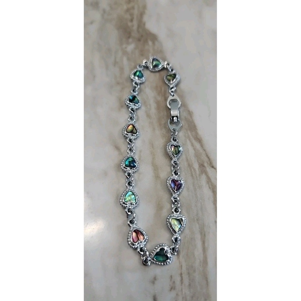 Silver Tone Multi Color Shell Inlay Heart Link Bracelet Fold Over Clasp